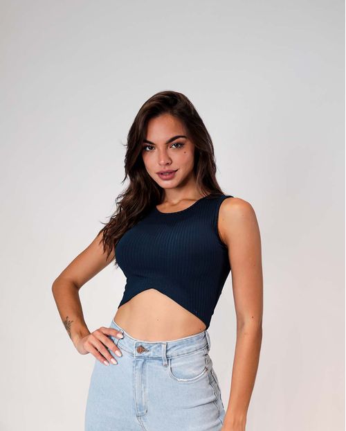 Regata Feminina Canelada Cropped com Recorte em V Azul   90076a Unica