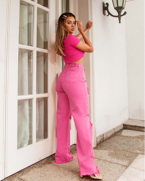 Calça Feminina Wide Leg Rosa com Rasgos   02904r Unica