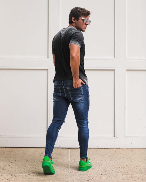 Calça Jeans Masculina Super Skinny Rasgada Bordada - Linha Itália  21172 Escura Rasgada