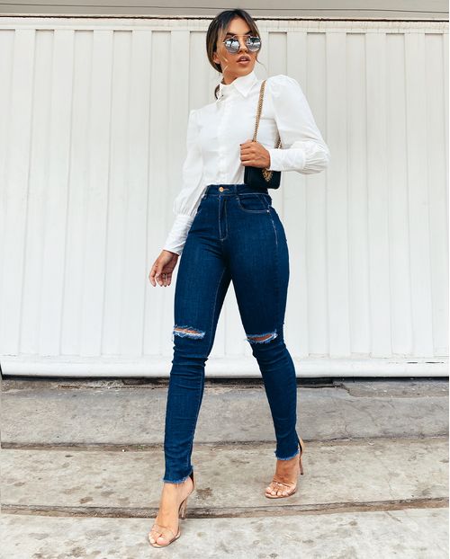 Calça Jeans Feminina Inter com Barra Desfiada e Rasgo No Joelho 20375 Unica
