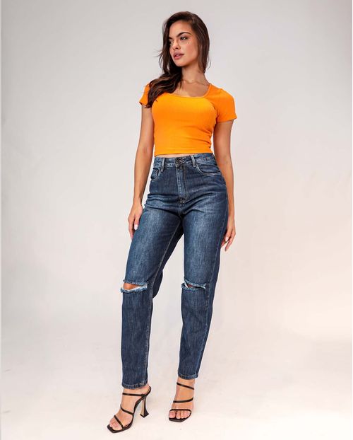 Blusa Feminina Canelada Manga Curta Laranja   90077l Unica