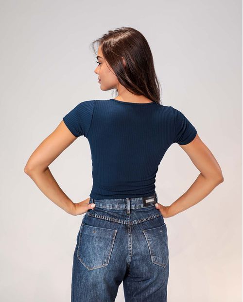 Blusa Feminina Canelada Manga Curta Azul   90077a Unica