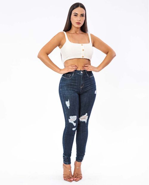 Calça Jeans Feminina Skinny Intermediaria com Barra Diferenciada  21539 Escura Rasgada