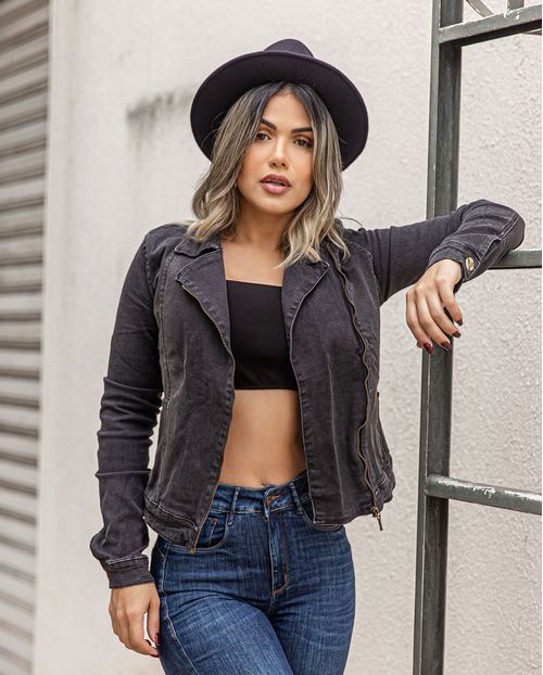 Jaqueta Jeans Feminina Cinza com Puídos 14522 Unica