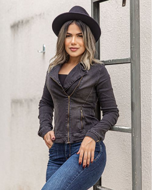 Jaqueta Jeans Feminina Cinza com Puídos 14522 Unica