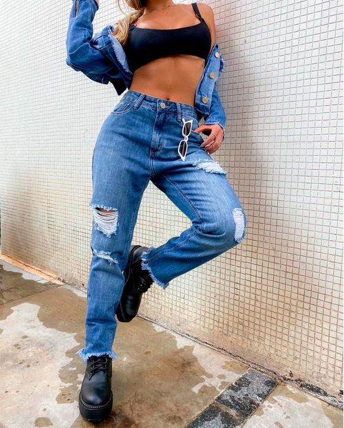 Calça Jeans Feminina Mom Vintage com Rasgos e Puídos   19331 Unica