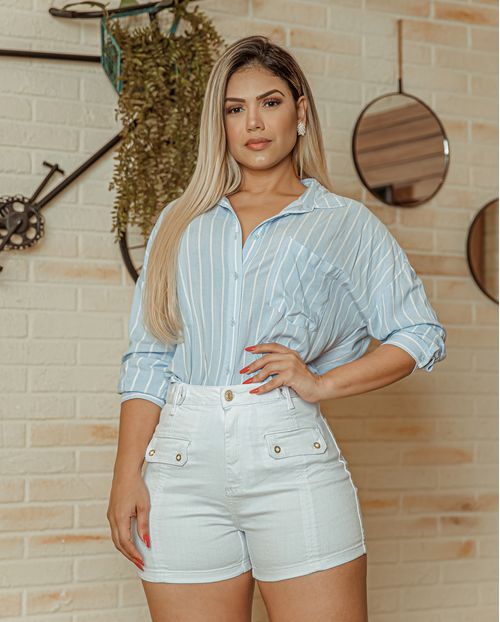 Shorts Jeans Feminino Mom Branco com Detalhe No Cós 17346 Unica