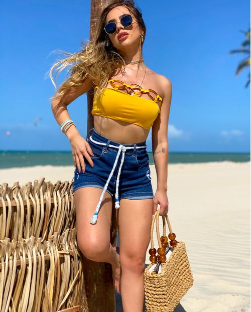 Shorts Jeans Feminino Mom com Elastano e Cordão Azul   19784 Unica