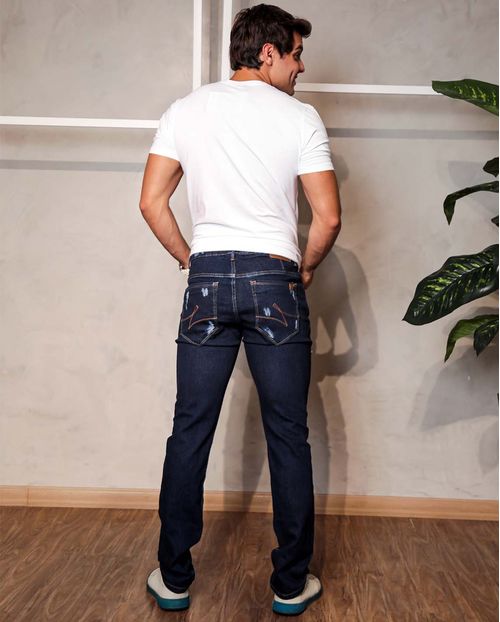 Calça Jeans Masculina Skinny Escura com Puídos - Linha Man Style   20994 Unica
