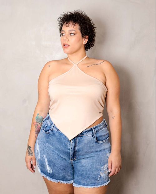 Blusa Feminina Plus Cropped Bege com Recorte Frontal 90089b Unica