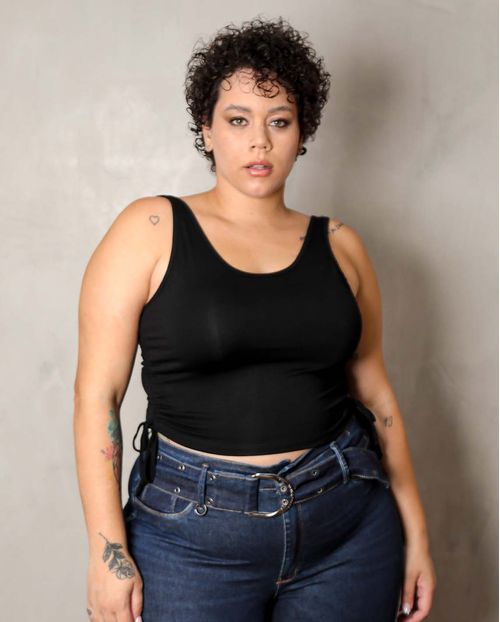 Blusa Feminina Plus Cropped Preta com Amarração Lateral   90087p Unica