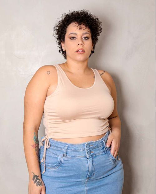 Blusa Feminina Plus Cropped Bege com Amarração Lateral   90087b Unica