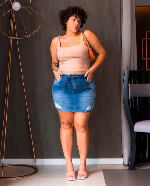 Mini Saia Jeans Feminina Plus Size com Cinto do Mesmo Tecido 21585 Média Rasgada