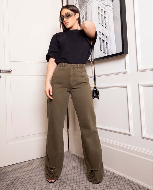 Calça Jeans Feminina Wide Leg Rasgada 29011 Verde Militar