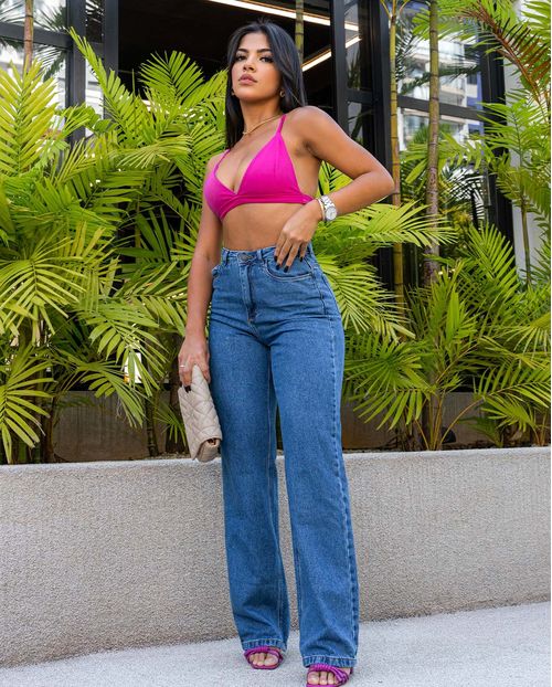 Calça Jeans Wide Leg Feminina Cintura Alta Básica Algodão 29000 Médio/escuro