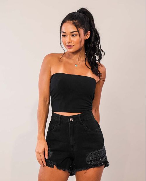 Shorts Jeans Feminino Mom com Strass No Forro Dos Bolsos 23636 Preta Rasgada