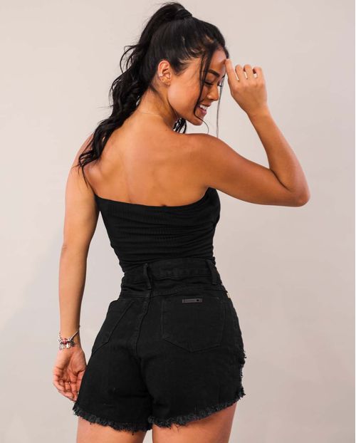 Shorts Jeans Feminino Mom com Strass No Forro Dos Bolsos 23636 Preta Rasgada