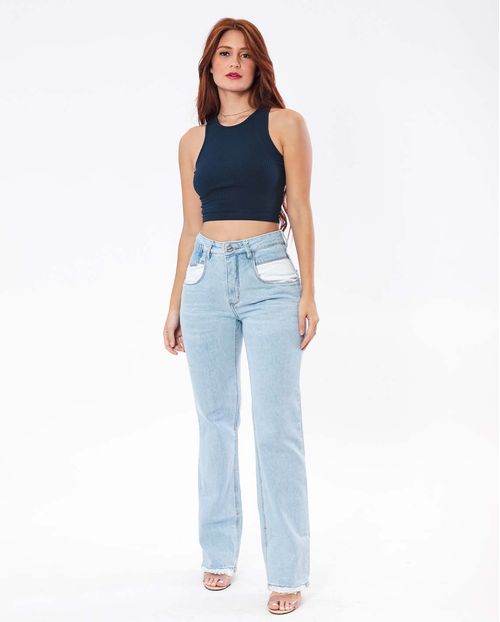 Calça Jeans Feminina Wide Loose Clara com Espelho do Bolso Branco 21530 Clara