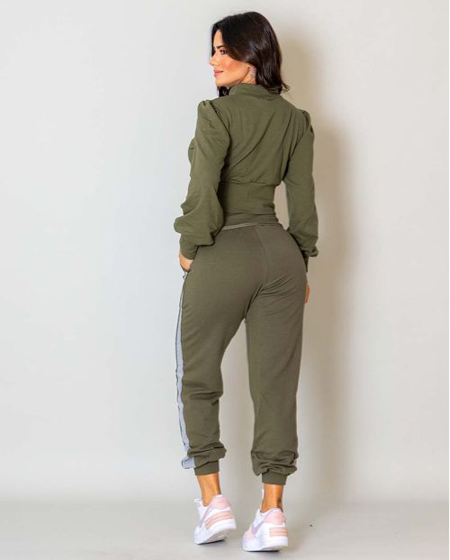 Conjunto Feminino Moletinho Blusa Manga Longa Cropped + Calça 90068 Verde Oliva