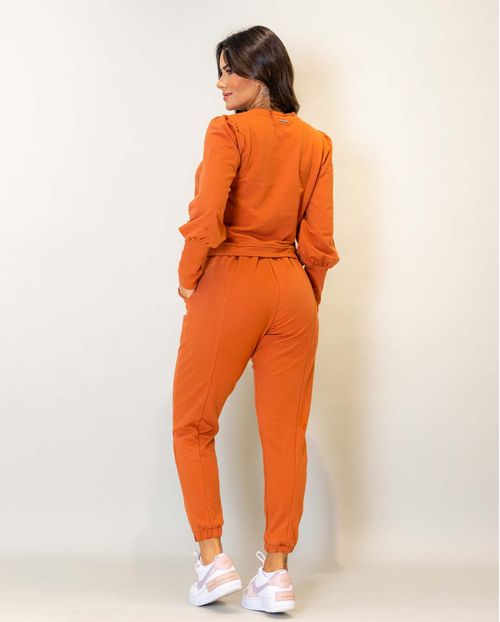 Conjunto Feminino Moletinho Blusa Manga Longa com Decote Vazado + Calça 90067 Telha