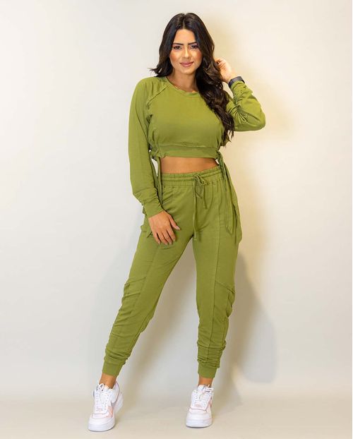 Conjunto Feminino Moletinho Blusa Manga Longa Cropped com Amarração Lateral + Calça 90057 Verde