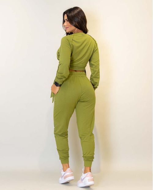 Conjunto Feminino Moletinho Blusa Manga Longa Cropped com Amarração Lateral + Calça 90057 Verde
