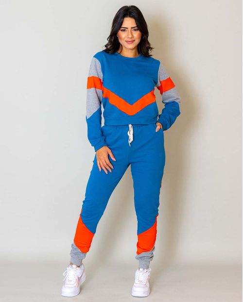Conjunto Feminino Moletinho Azul com Recortes Coloridos 90041a Unica