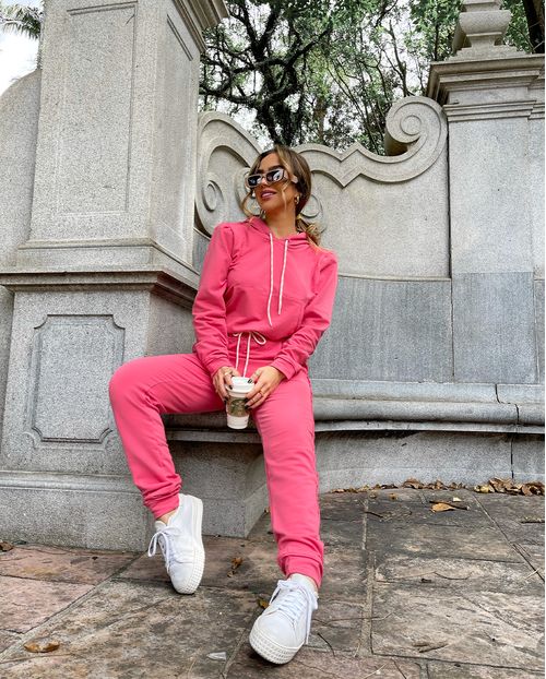 Conjunto Feminino Moletinho Rosa com Capuz e Cordão 90043r Unica