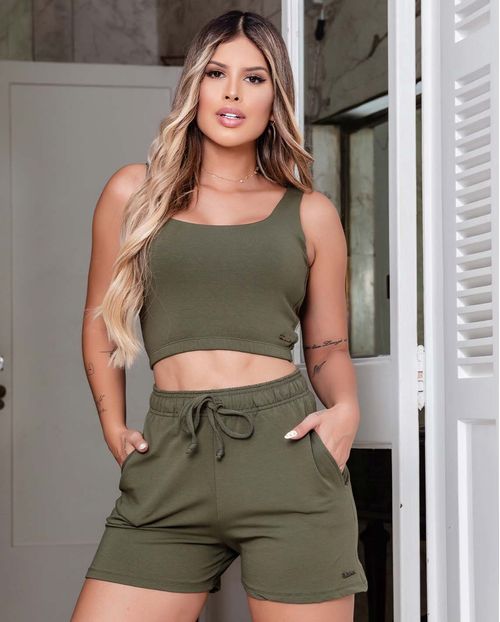 Conjunto Feminino Moletinho Consciência Top + Shorts , Coleção Moletinho -90096 Verde