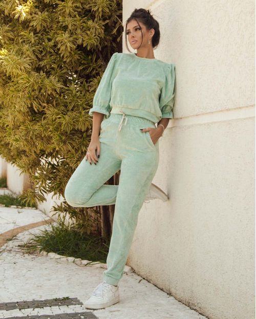 Conjunto Feminino Plush Blusa Manga 3/4 com Babado e Calça  90065 Verde