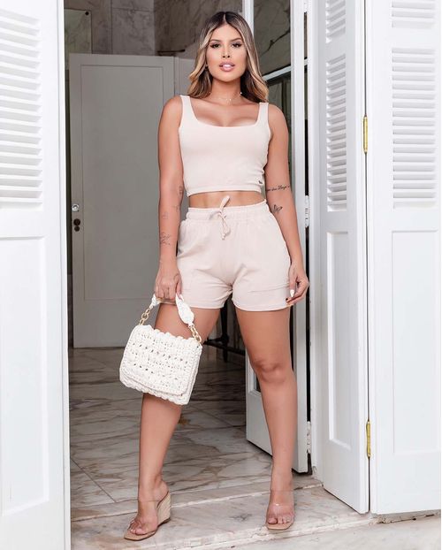 Conjunto Feminino Moletinho Consciência Top + Shorts , Coleção Moletinho -90096 Bege