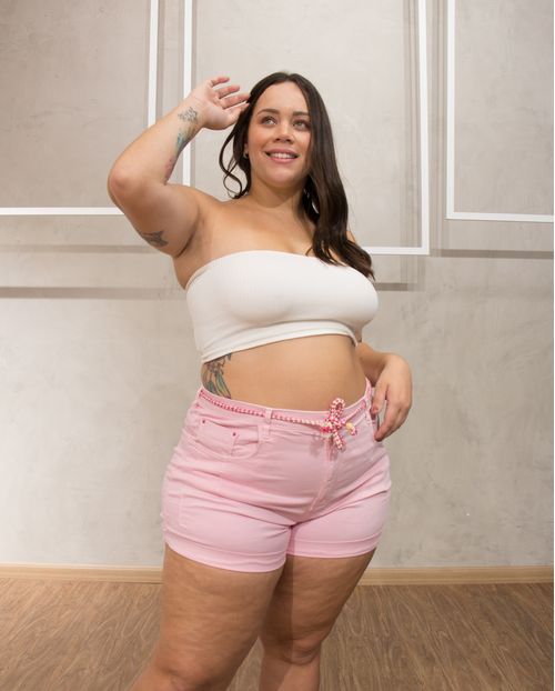 Shorts Fem Plus  Collor Consciência Jeans,Coleção Verão/21-20119 Rosa