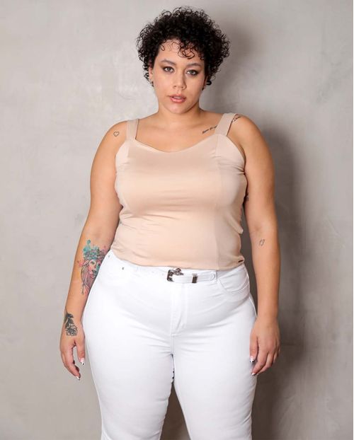 Calça Feminina Plus Branca com Cinto de Fivela   21486 Branco