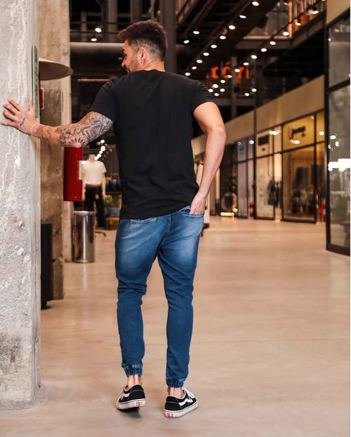 Calça Jeans Masculina Jogging Média com Elástico Na Cintura Linha Itália 21055 Escura