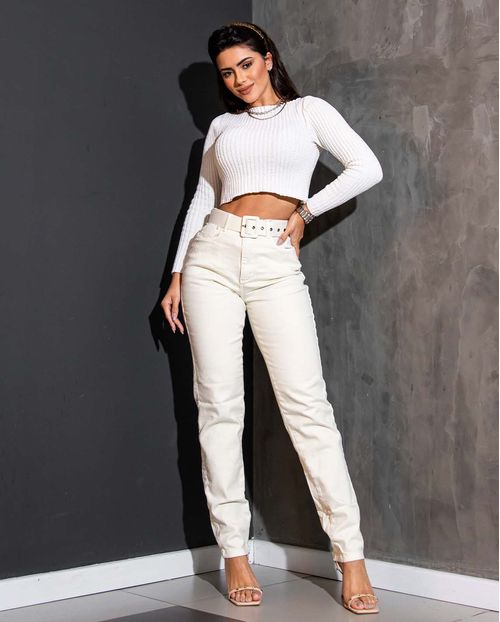 Calça Feminina Mom com Cinto e Fivela Revestido  00227 Creme
