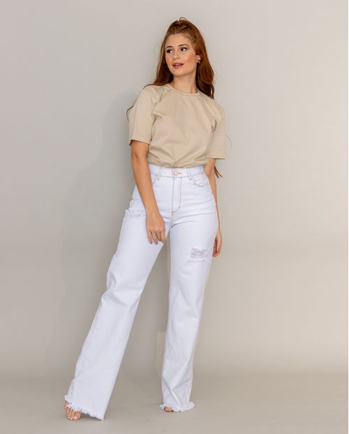 Calça Jeans Wide Leg Feminina Cintura Alta Barra Desfiada Linha Eco 21674 Ice Rasgada