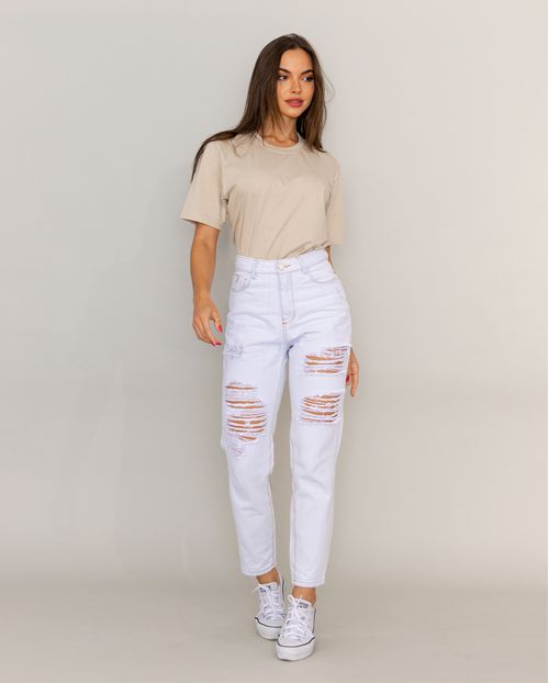 Calça Jeans Mom Feminina Cintura Alta Linha Eco 21675 Ice Rasgada