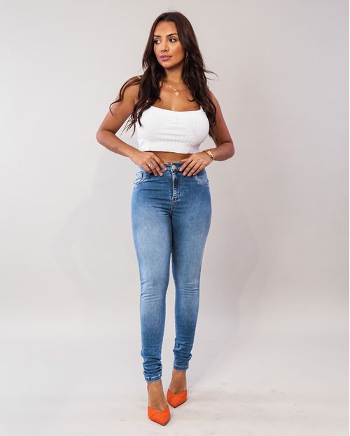 Calça Jeans Skinny Extreme Power Feminina Cintura Média Detalhe Bolso 02700 Média com Used