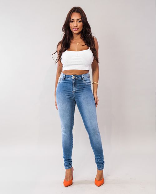 Calça Jeans Skinny Extreme Power Feminina Cintura Média Detalhe Bolso 02700 Média com Used