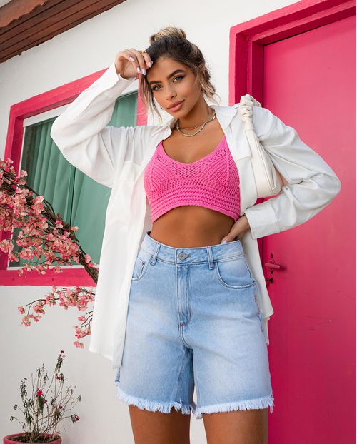 Bermuda Jeans Feminina Meia Coxa Clara com Bordado   21142 Clara