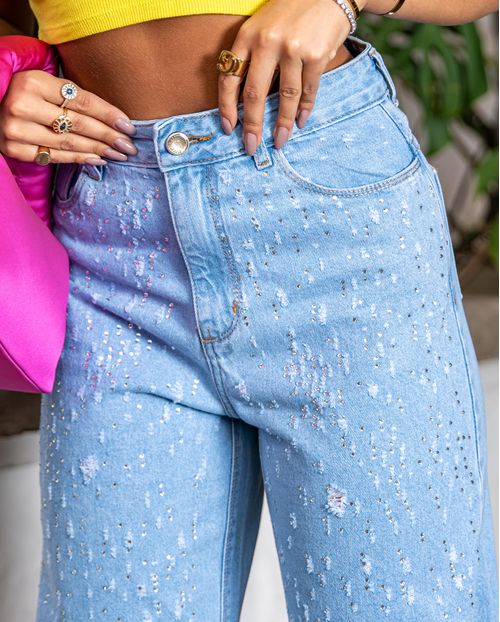 Calça Jeans Feminina Wide Leg com Puidos e Strass 22064 Clara