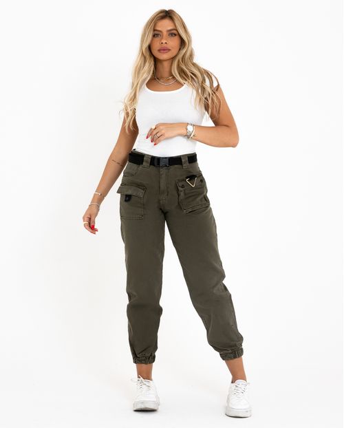 Calça Feminina Jogging Cargo com Cinto  21652 Verde Militar