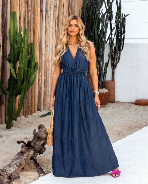 Vestido Longo com Lastex  Na Cintura  22139 Escura