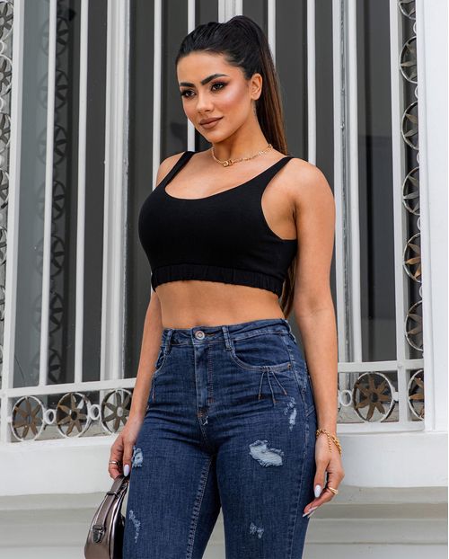 Calça Jeans Feminina Intermediaria com Nervuras Nos Bolsos  22347 Escura