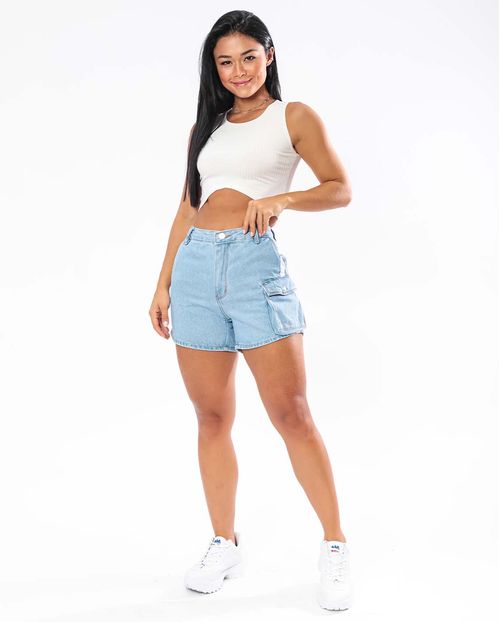 Shorts Jeans Feminino Mom com Faixa Lateral Branca e Bolso Cargo 21663 Clara
