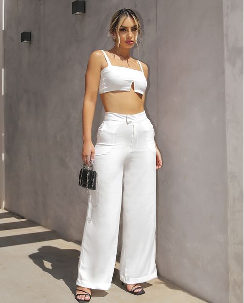 Calça  Feminina Ampla com Top de Alcinha 90215 Branco