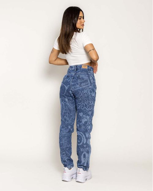 Calça Jeans Feminina Mom Estampada com Zíper Lateral 21005 Média
