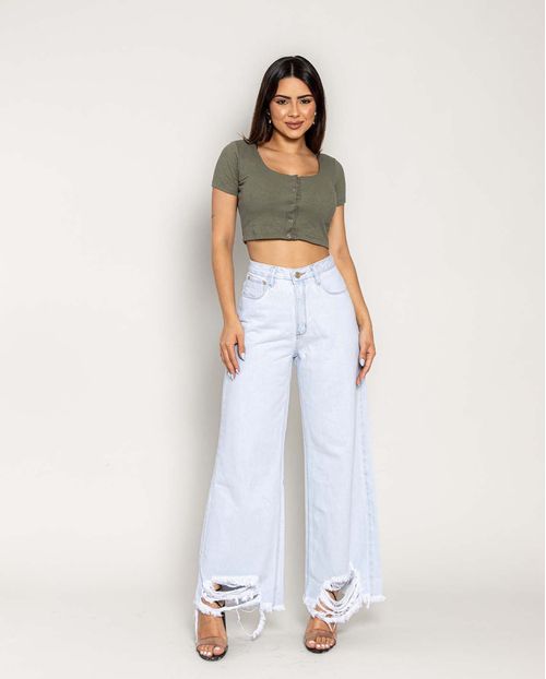 Calça Jeans Feminina Cropped Flare com Rasgos e Barra Desfiada 21720 Ice
