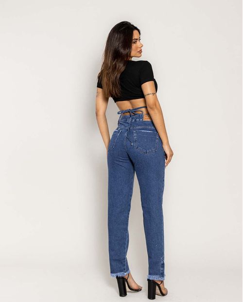 Calça Jeans Feminina Mom com Cordão No Cós  21865 Escura
