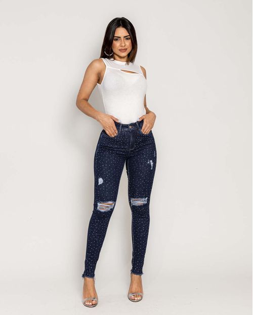 Calça Jeans Feminina Skinny Intermediaria com Strass 22104 Escura